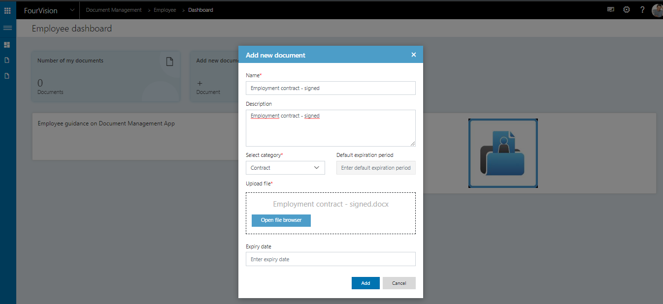 Document Management Web App Microsoft Dynamics 365 HR Contract Upload Documents FourVision