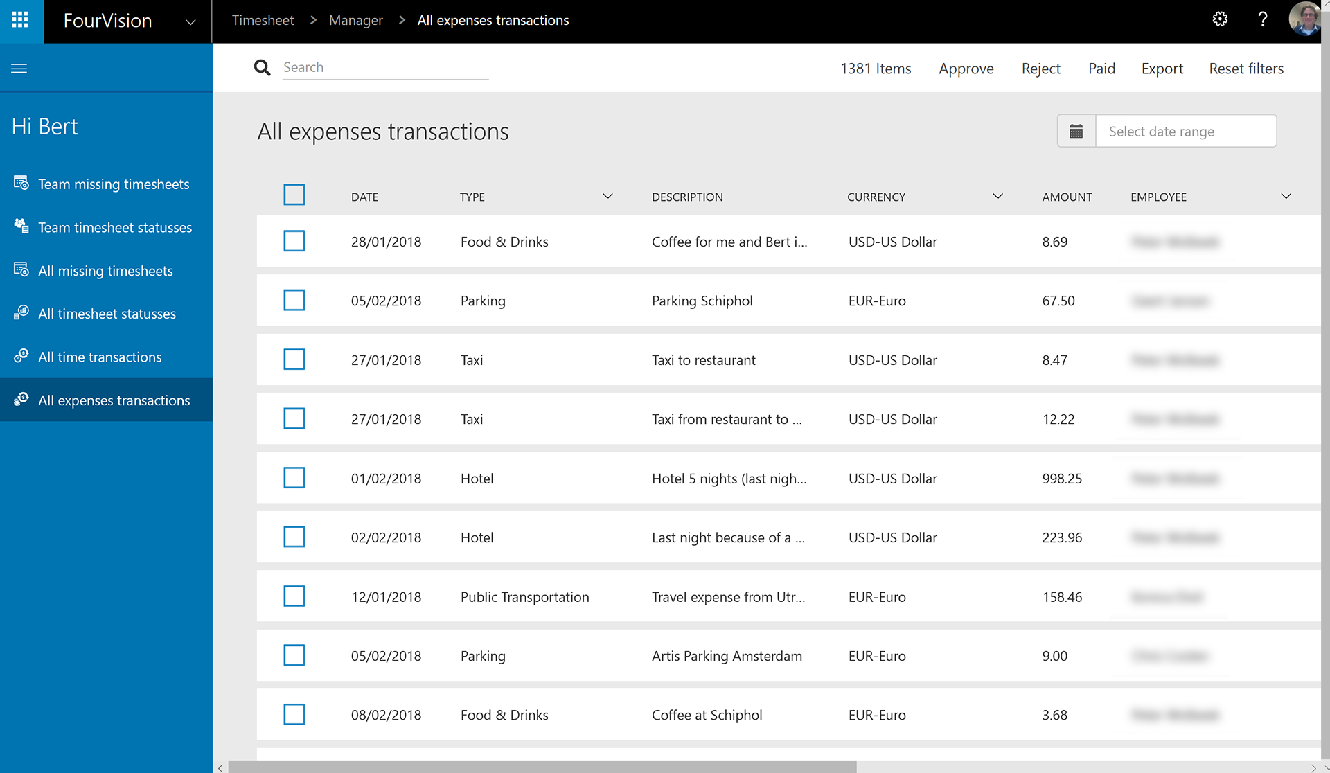 Expenses Management Web App Microsoft Dynamics 365 HR Transactions Overview FourVision