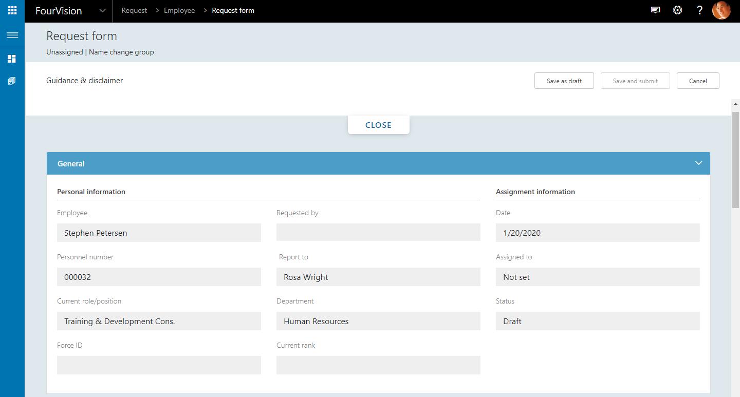 HR Request Web App Microsoft Dynamics 365 HR Manage Request Form FourVision