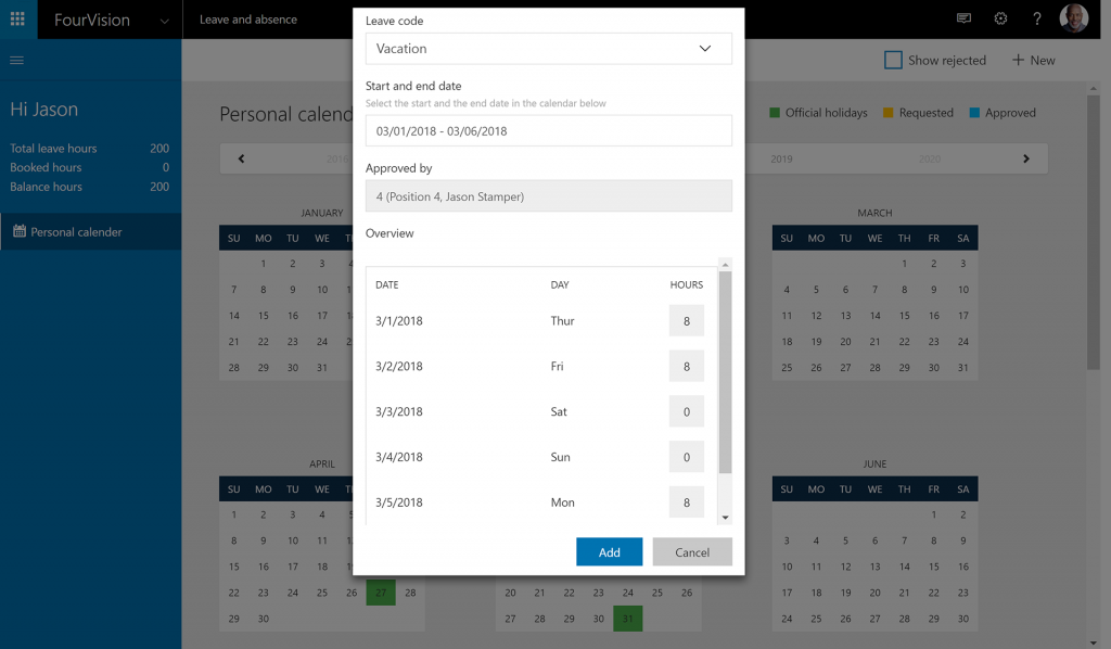 Leave and Absence Web App Microsoft Dynamics 365 HR Request Leave Vacation FourVision