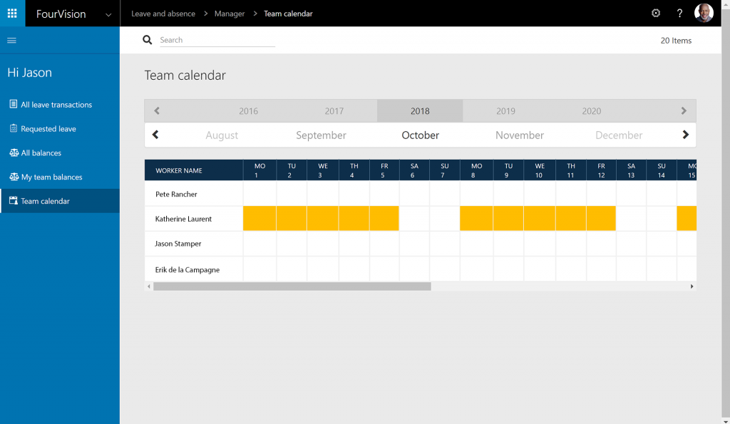 Leave and Absence Web App Microsoft Dynamics 365 HR Team Calendar Manager FourVision