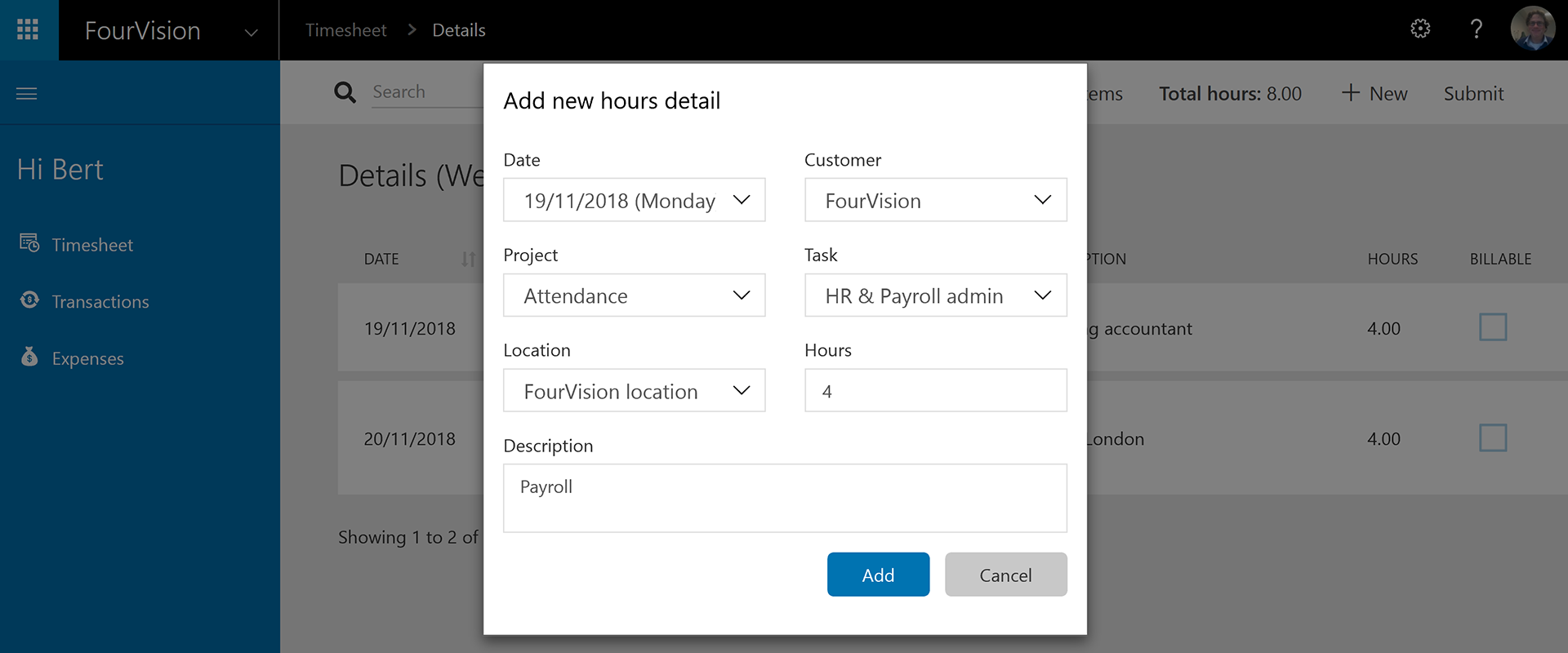 Timesheet Registration Web App Microsoft Dynamics 365 HR Add New Hours FourVision