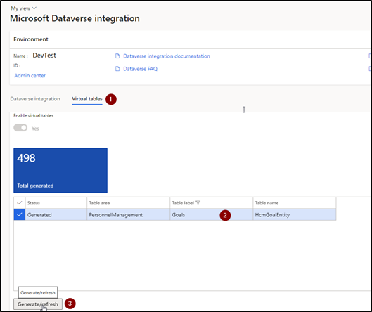 Go to System Administration > Links > Integrations > Dataverse configuration Select the entity from the list and click on Generate/refresh button. 8