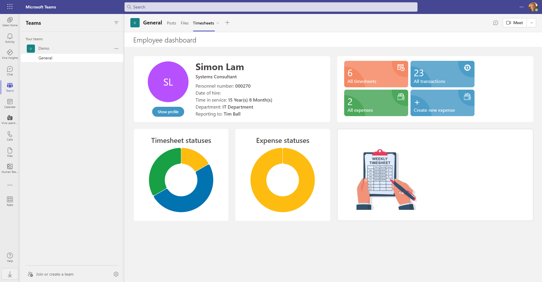 Timesheets embedded in Teams channel