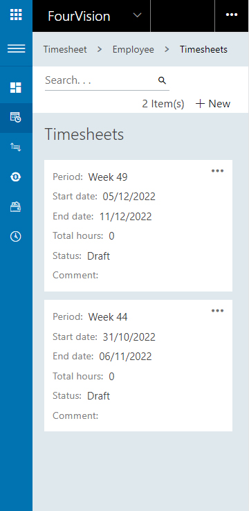 Timesheets overview on mobile FourVision D365 HR