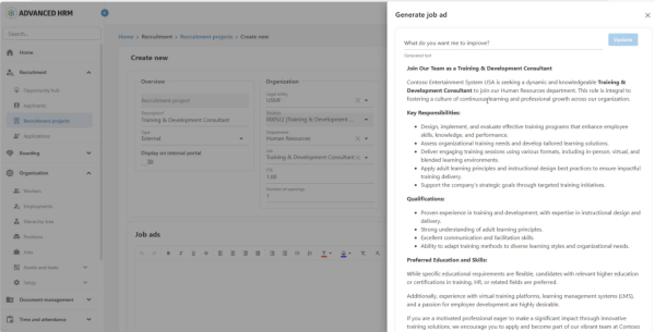 Screenshot of Advanced HRM generating a vacancy text using AI. 