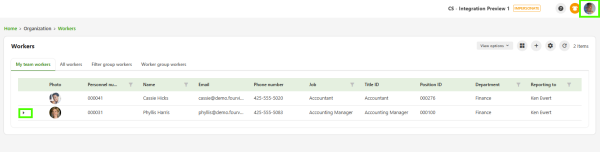 Screenshot of the Advanced HRM workers overview showing a list of employees with their details such as name, email, job title, department, and reporting manager. An expand icon next to an employee is highlighted, indicating access to additional worker details.