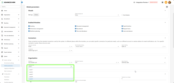 Screenshot of Advanced HRM global settings showing enabled modules, connectors, and organization setup options. A dropdown menu for hierarchy level is open, displaying levels 1 to 5, with level 5 selected.
