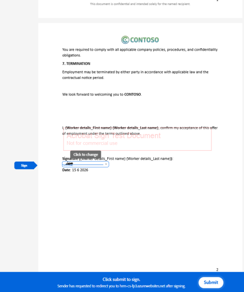 A screenshot of a digital employment document from Contoso showing the termination section of the contract. The document includes a company logo, text about compliance and termination terms, and a signature area with a partially filled signature and date. A blue interface at the bottom prompts the user to click ‘Submit’ to sign.