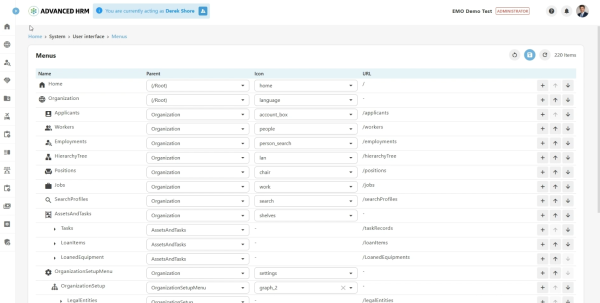 Screenshot of Advanced HRM menu configuration settings showing a list of system menus, their parent structure, icons, and URLs. The interface allows administrators to organize and customize navigation items within the platform.